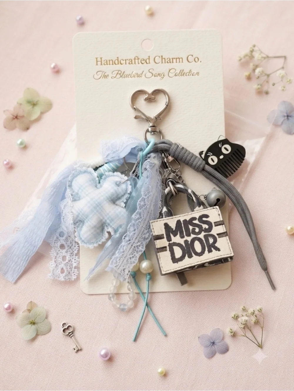 Handcrafted Charm Key & Card Holder - Light Blue Miss Dior Accent